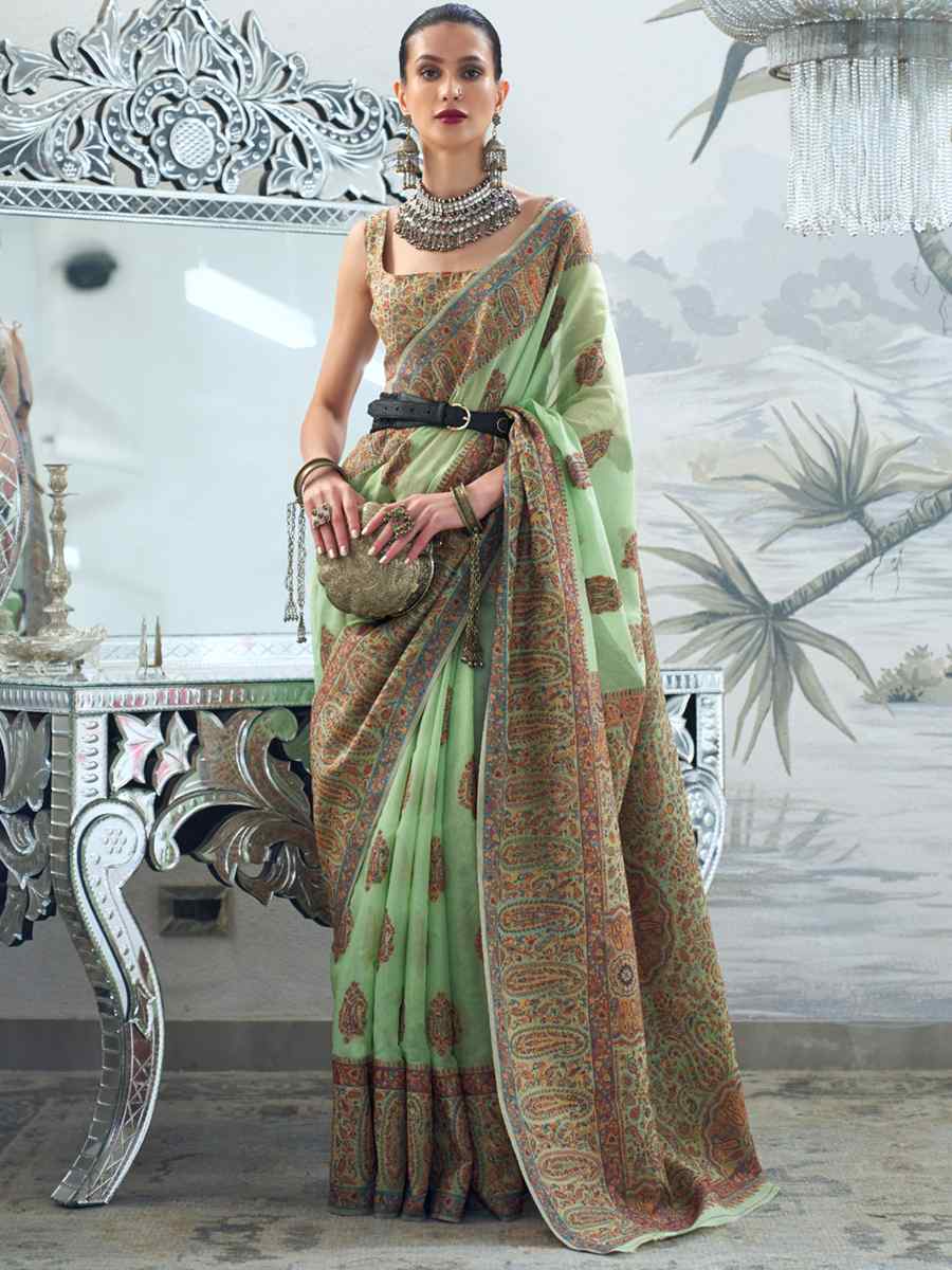 Hazel Green Silk Handwoven Wedding Festival Heavy Border Saree