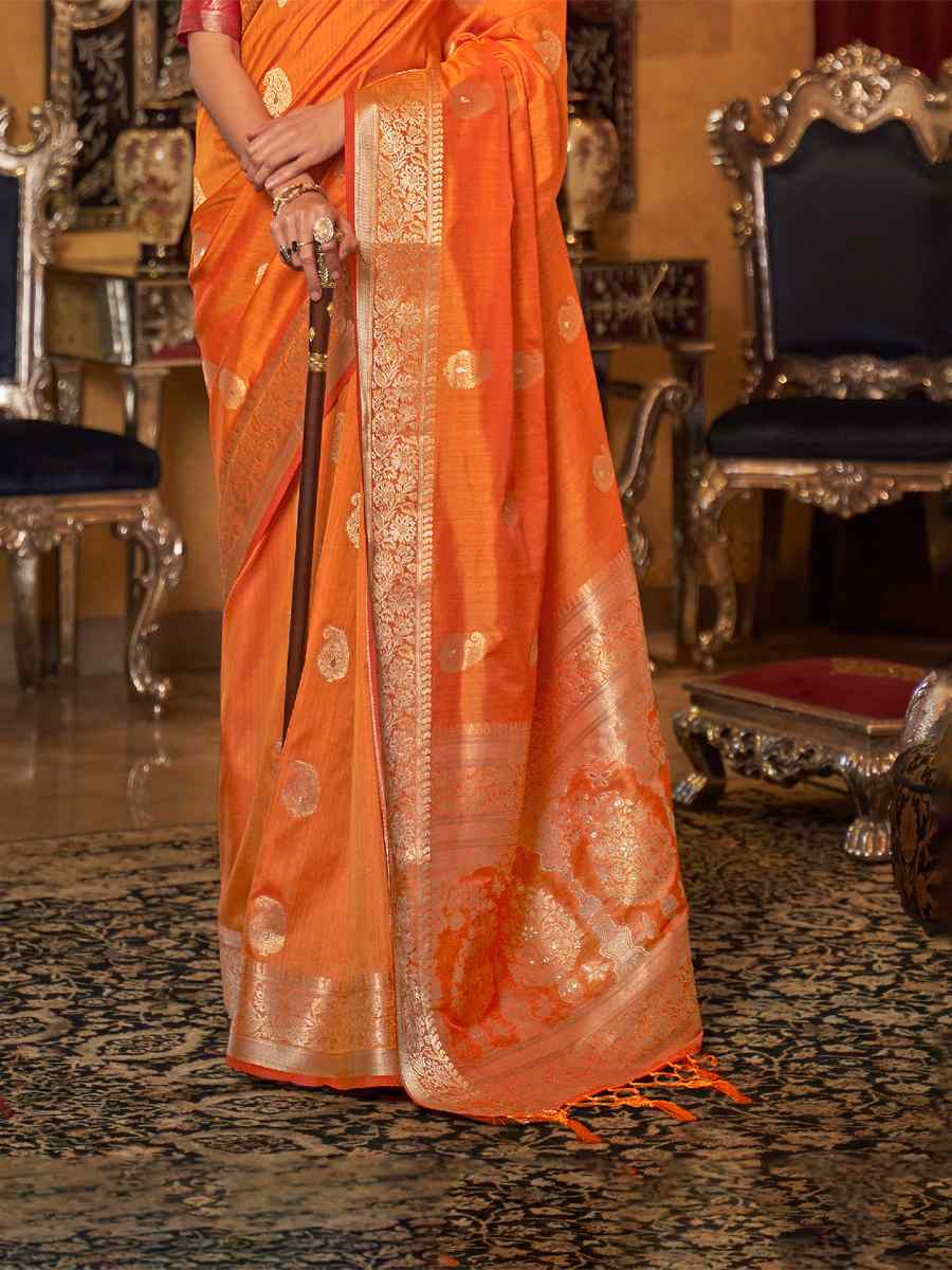 Orange Silk Handwoven Wedding Festival Heavy Border Saree