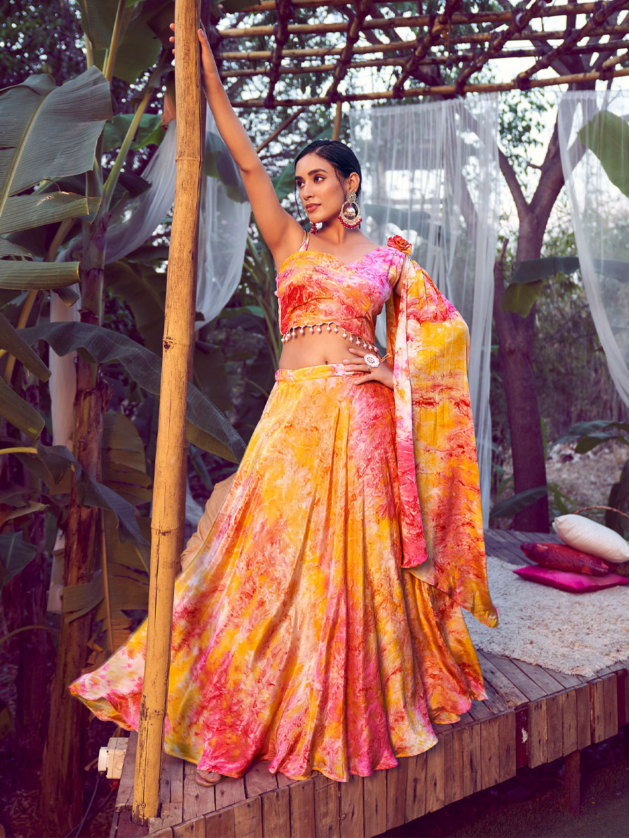 Orange Silk Printed Bridesmaid Wedding Ready Circular Lehenga Choli