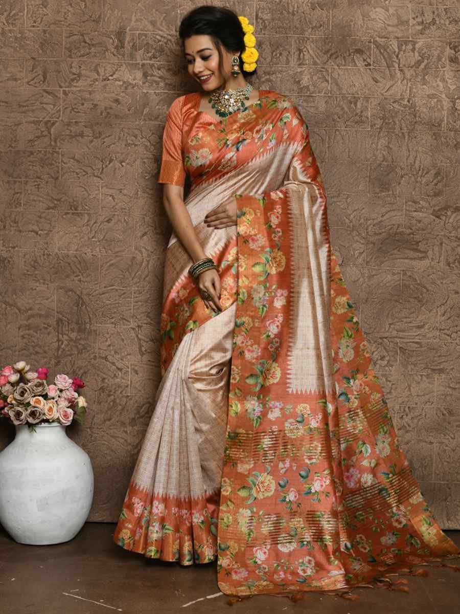 Orange Silk Printed Casual Festival Contemporary Saree