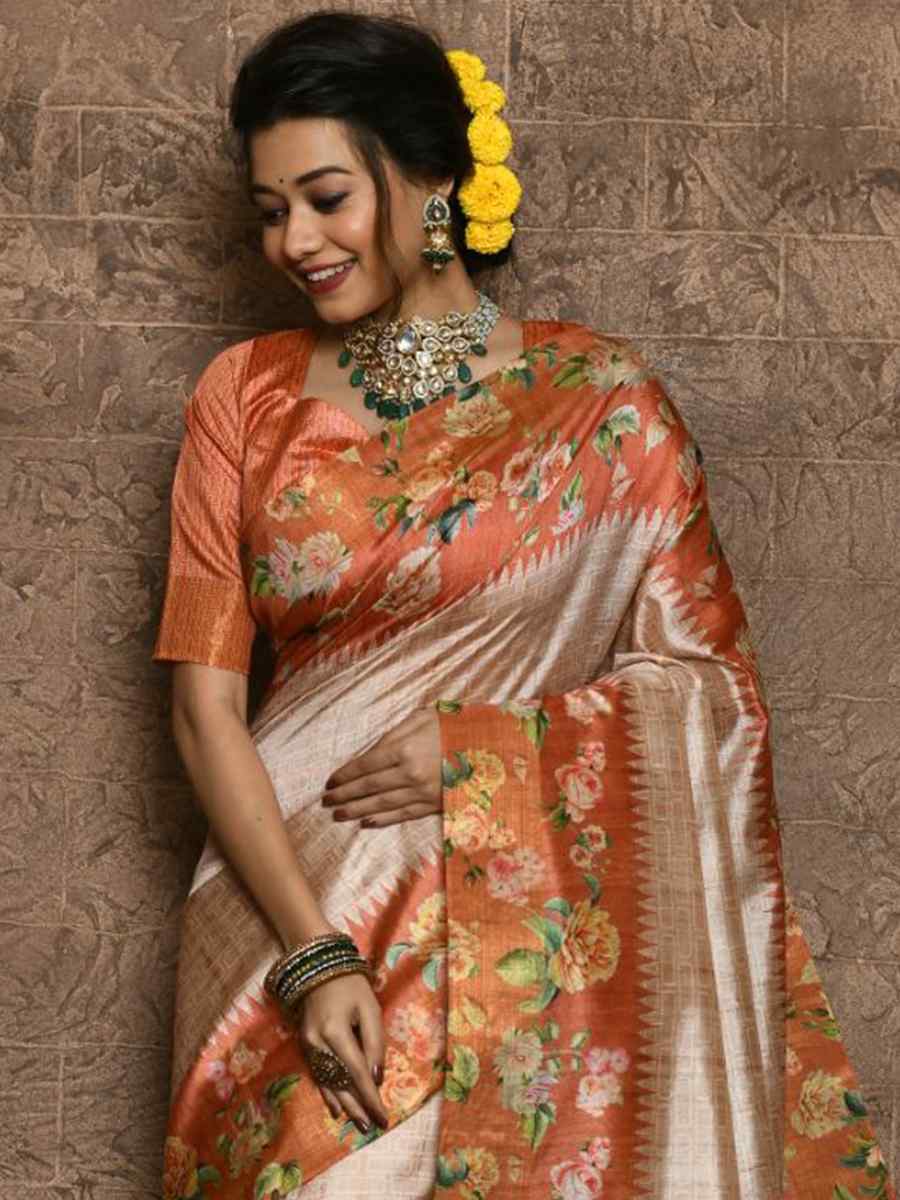 Orange Silk Printed Casual Festival Contemporary Saree