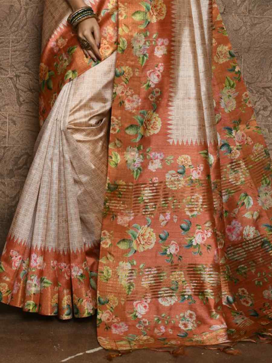 Orange Silk Printed Casual Festival Contemporary Saree