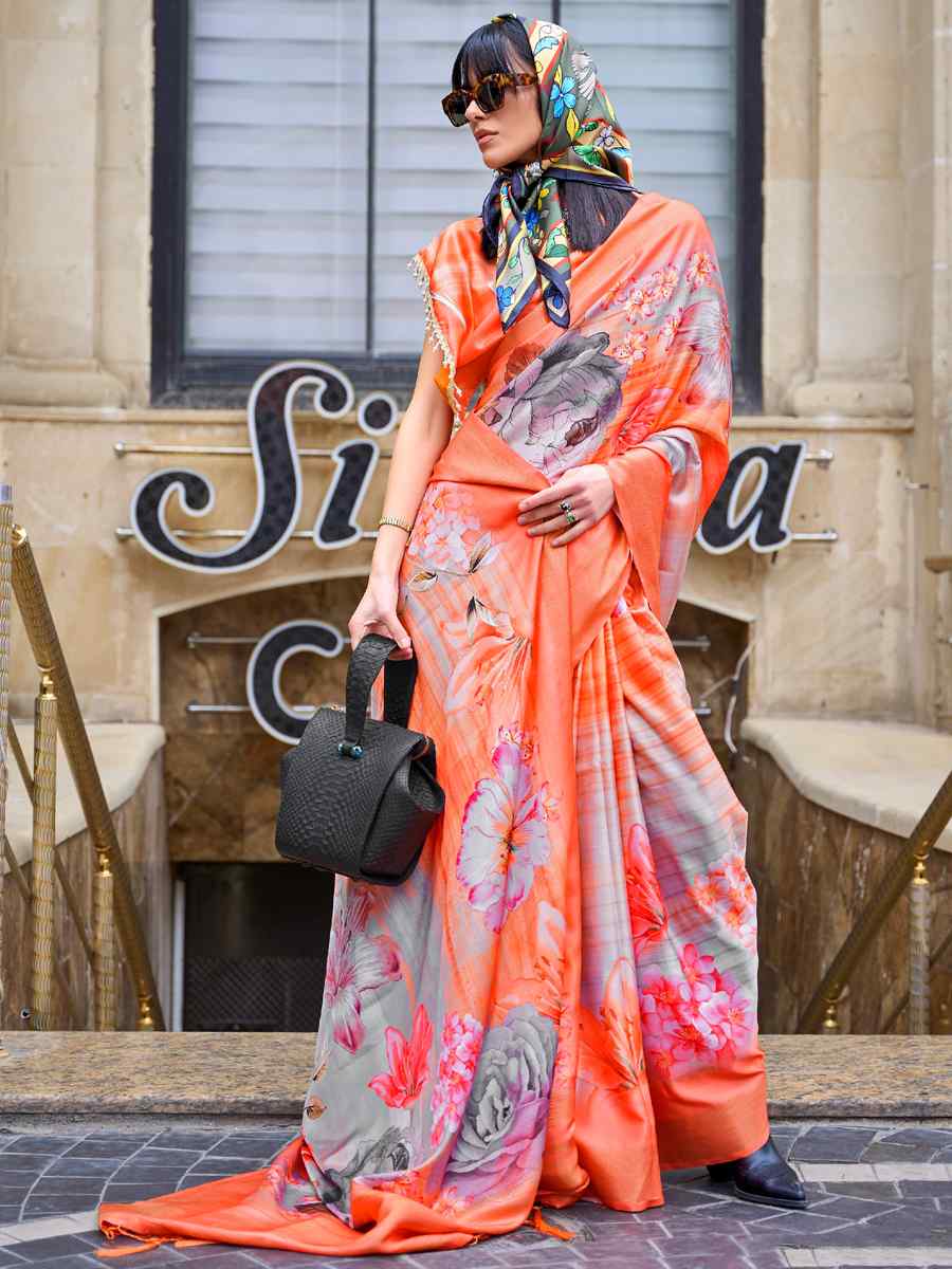 Orange Silk Printed Casual Party Classic Style Saree