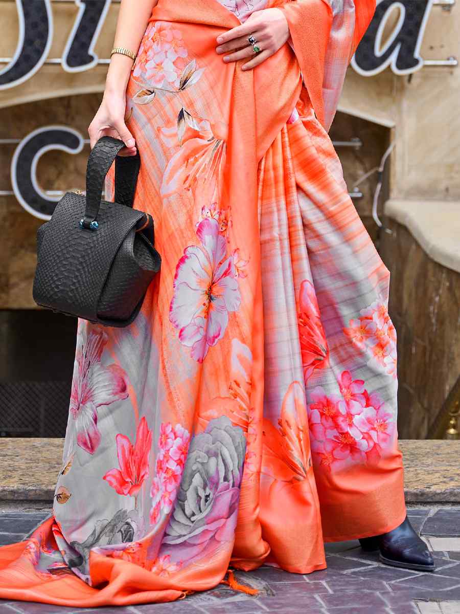 Orange Silk Printed Casual Party Classic Style Saree