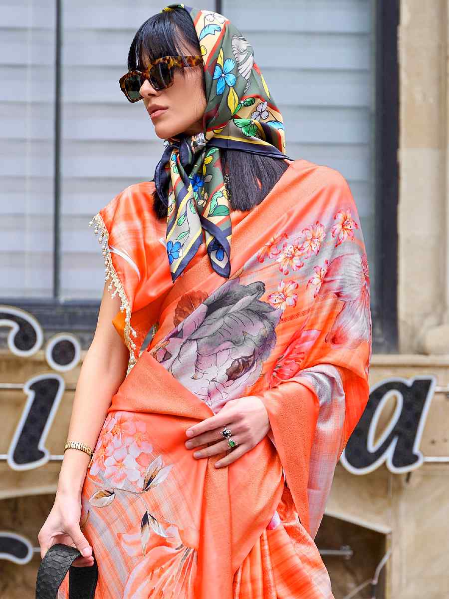 Orange Silk Printed Casual Party Classic Style Saree