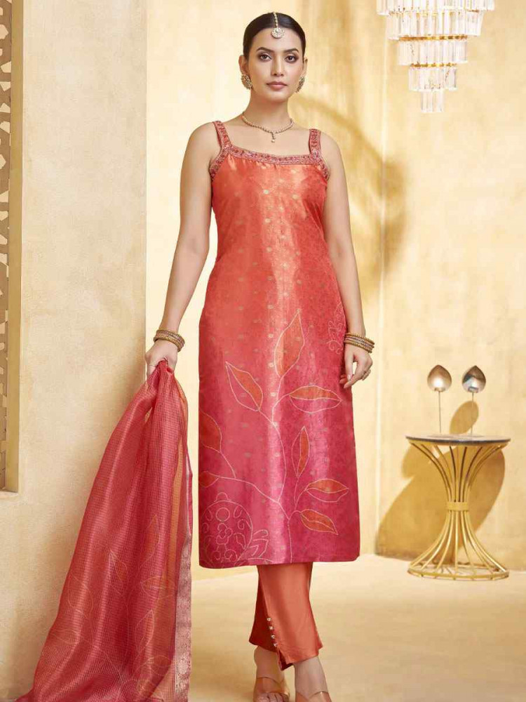 Image of Orange Silk Printed Embroidery Party Wedding Festival Casual Ready Pant Salwar Kameez