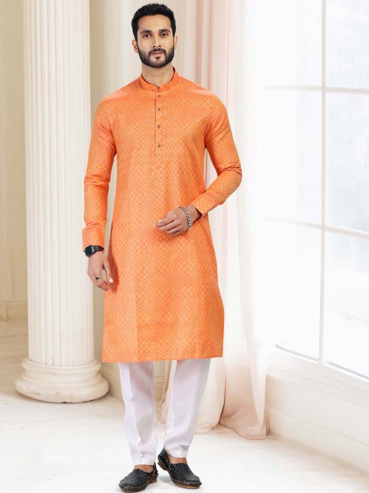 Orange Silk Woven Festival Casual Kurta