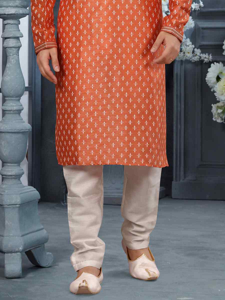 Orange Silk Woven Festival Party Kurta