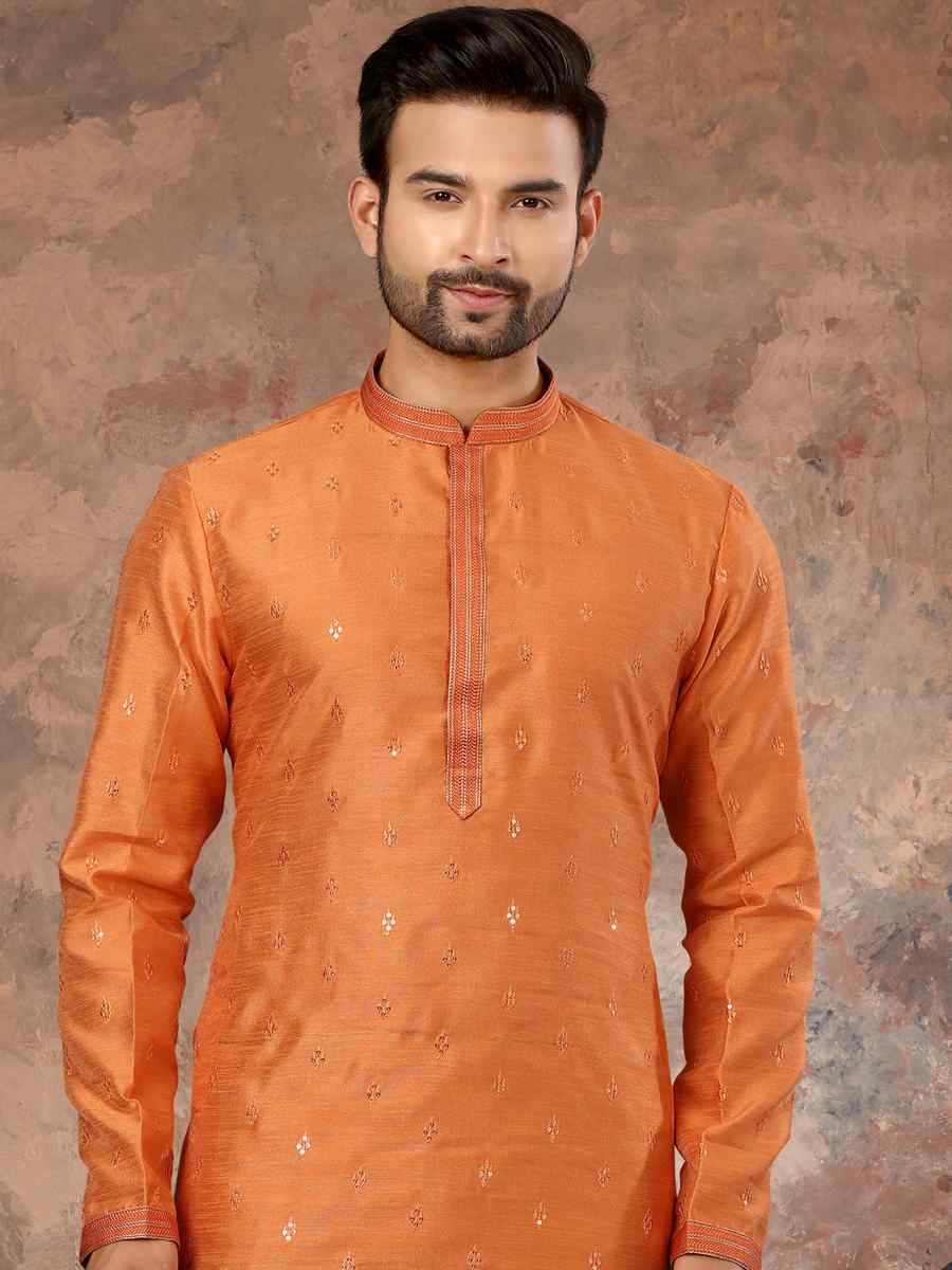 Orange Silk Woven Festival Party Kurta