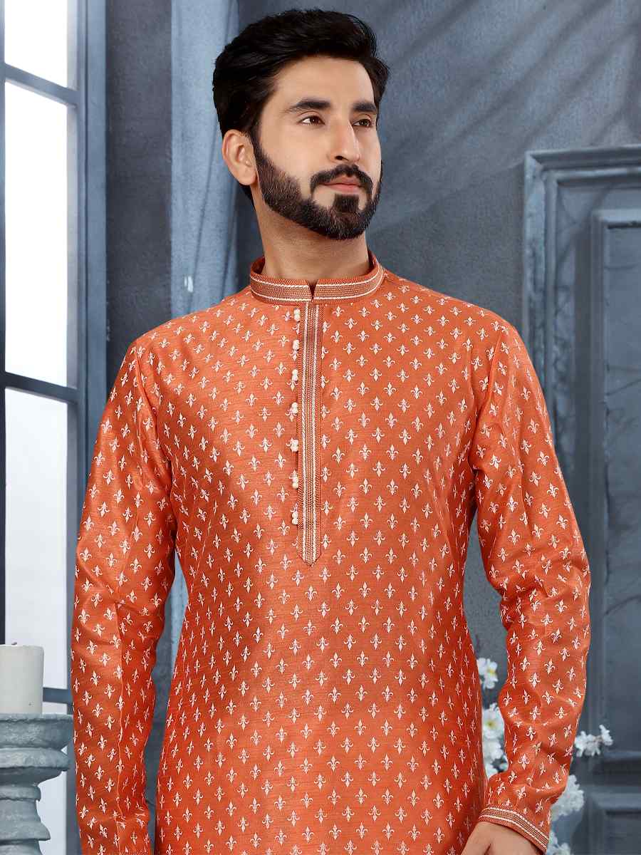 Orange Silk Woven Festival Party Kurta