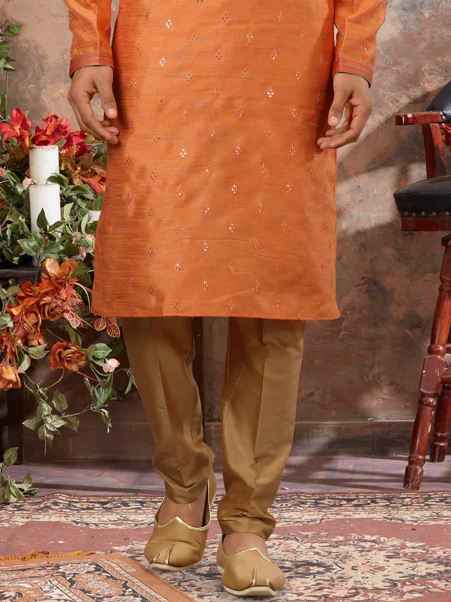 Orange Silk Woven Festival Party Kurta