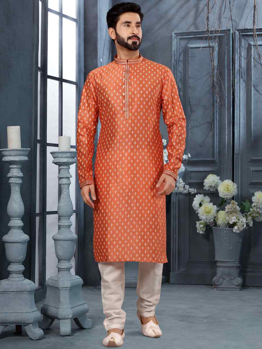 Orange Silk Woven Festival Party Kurta