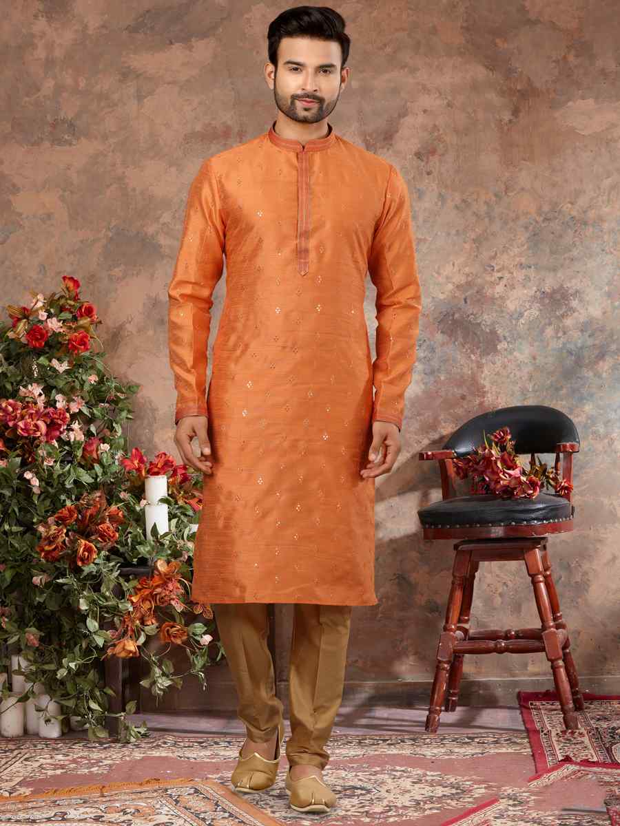 Orange Silk Woven Festival Party Kurta