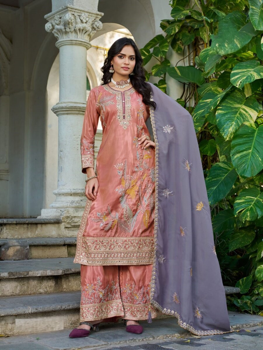 Orange Simmer Embroidery Zari Sequins Wedding Party Festival Casual Ready Palazzo Pant Salwar Kameez