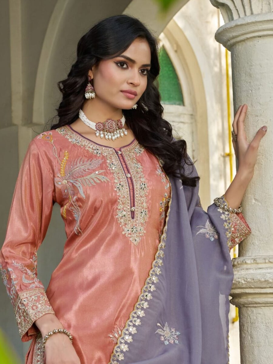 Orange Simmer Embroidery Zari Sequins Wedding Party Festival Casual Ready Palazzo Pant Salwar Kameez