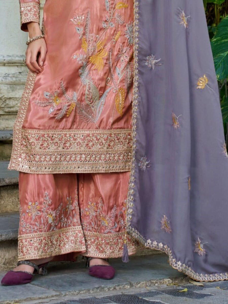 Orange Simmer Embroidery Zari Sequins Wedding Party Festival Casual Ready Palazzo Pant Salwar Kameez