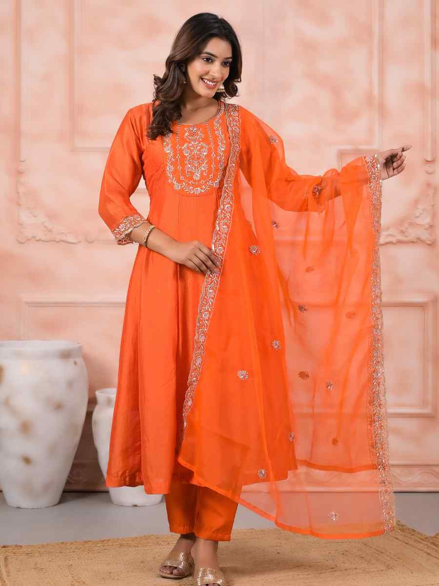 Orange Slik Embroidered Party Casual Ready Pant Salwar Kameez