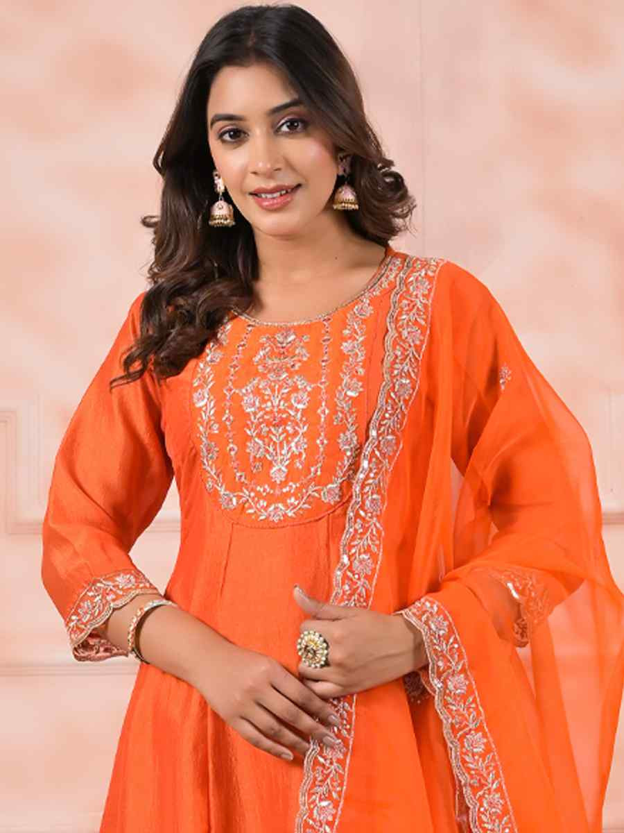 Orange Slik Embroidered Party Casual Ready Pant Salwar Kameez