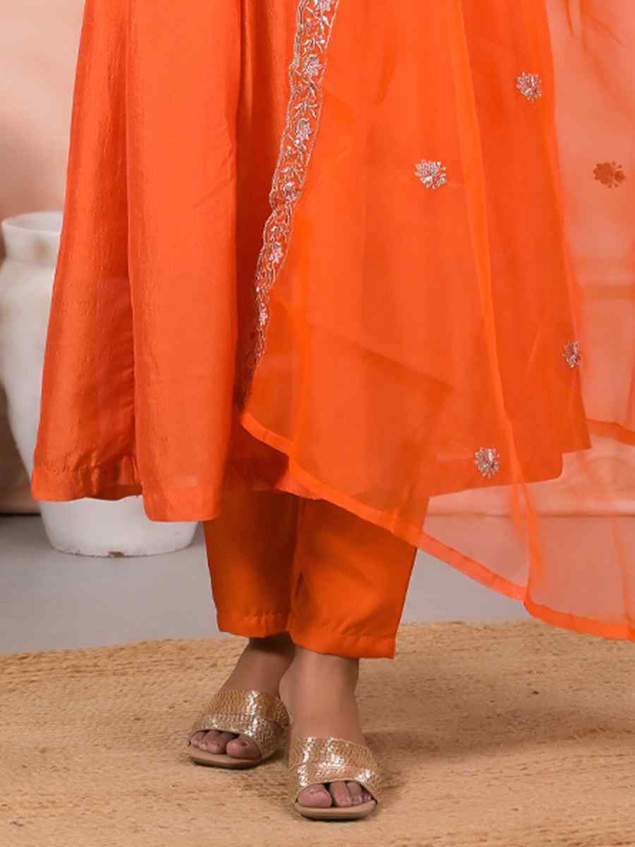 Orange Slik Embroidered Party Casual Ready Pant Salwar Kameez