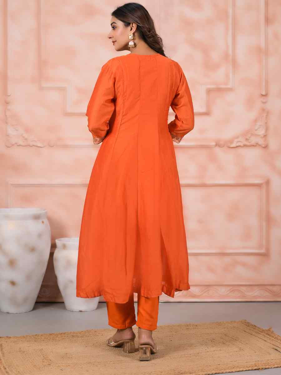 Orange Slik Embroidered Party Casual Ready Pant Salwar Kameez