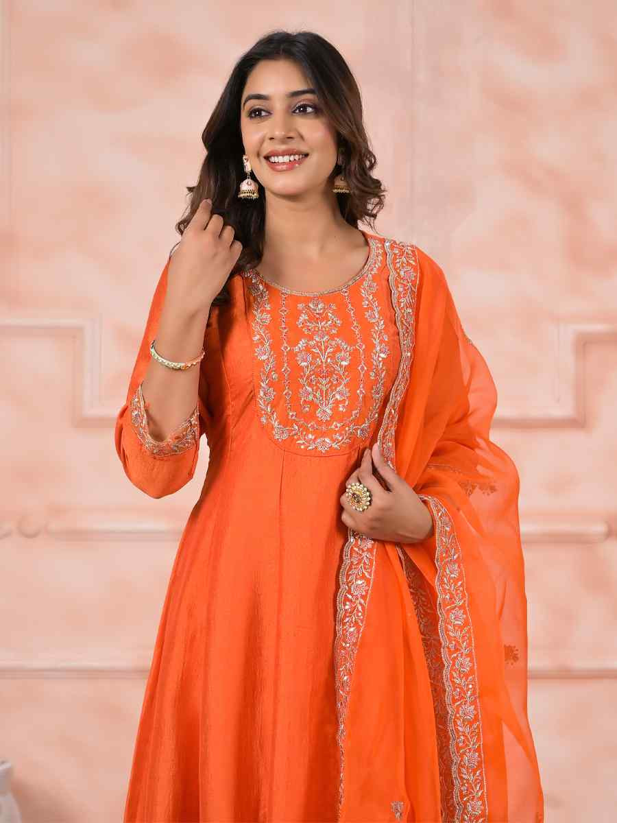 Orange Slik Embroidered Party Casual Ready Pant Salwar Kameez