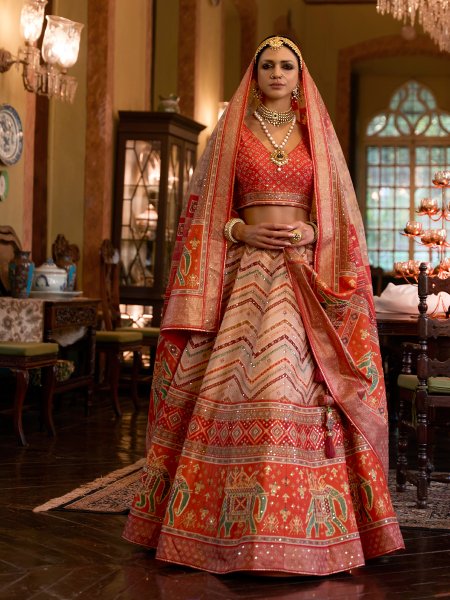 Orange Smooth Rajvadi Silk Embroidered Bridal Wedding Heavy Border Lehenga Choli