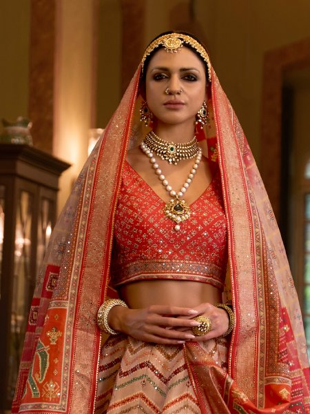 Orange Smooth Rajvadi Silk Embroidered Bridal Wedding Heavy Border Lehenga Choli