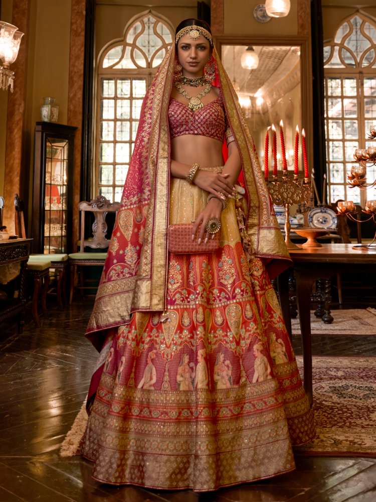 Orange Smooth Rajvadi Silk Embroidered Bridal Wedding Ready Heavy Border Lehenga Choli