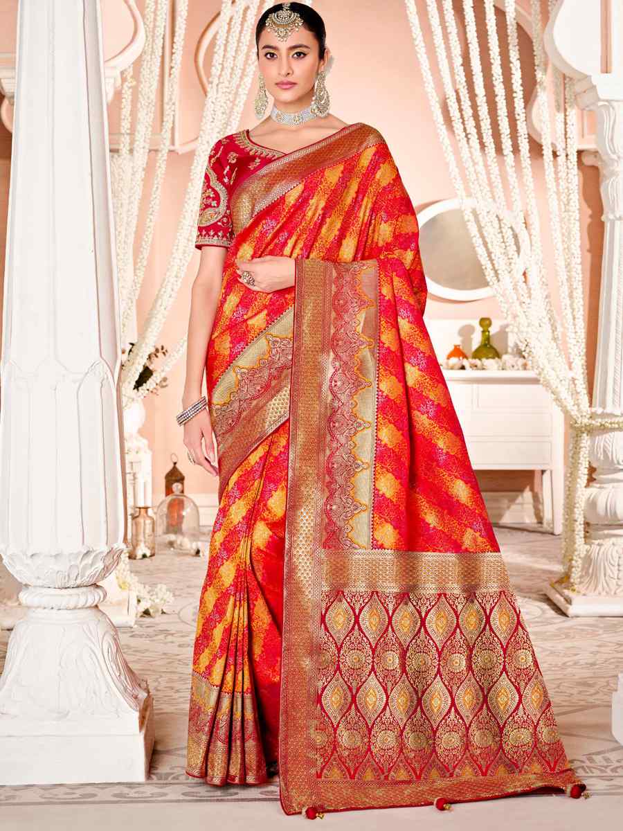 Orange Soft Banarasi Silk Embroidered Wedding Festival Heavy Border Saree