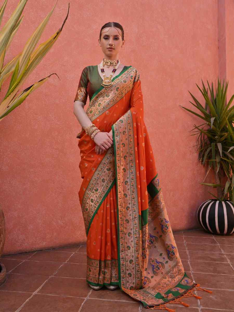 Orange Soft Banarasi Silk Handwoven Casual Reception Festival Wedding Fancy Heavy Border Saree