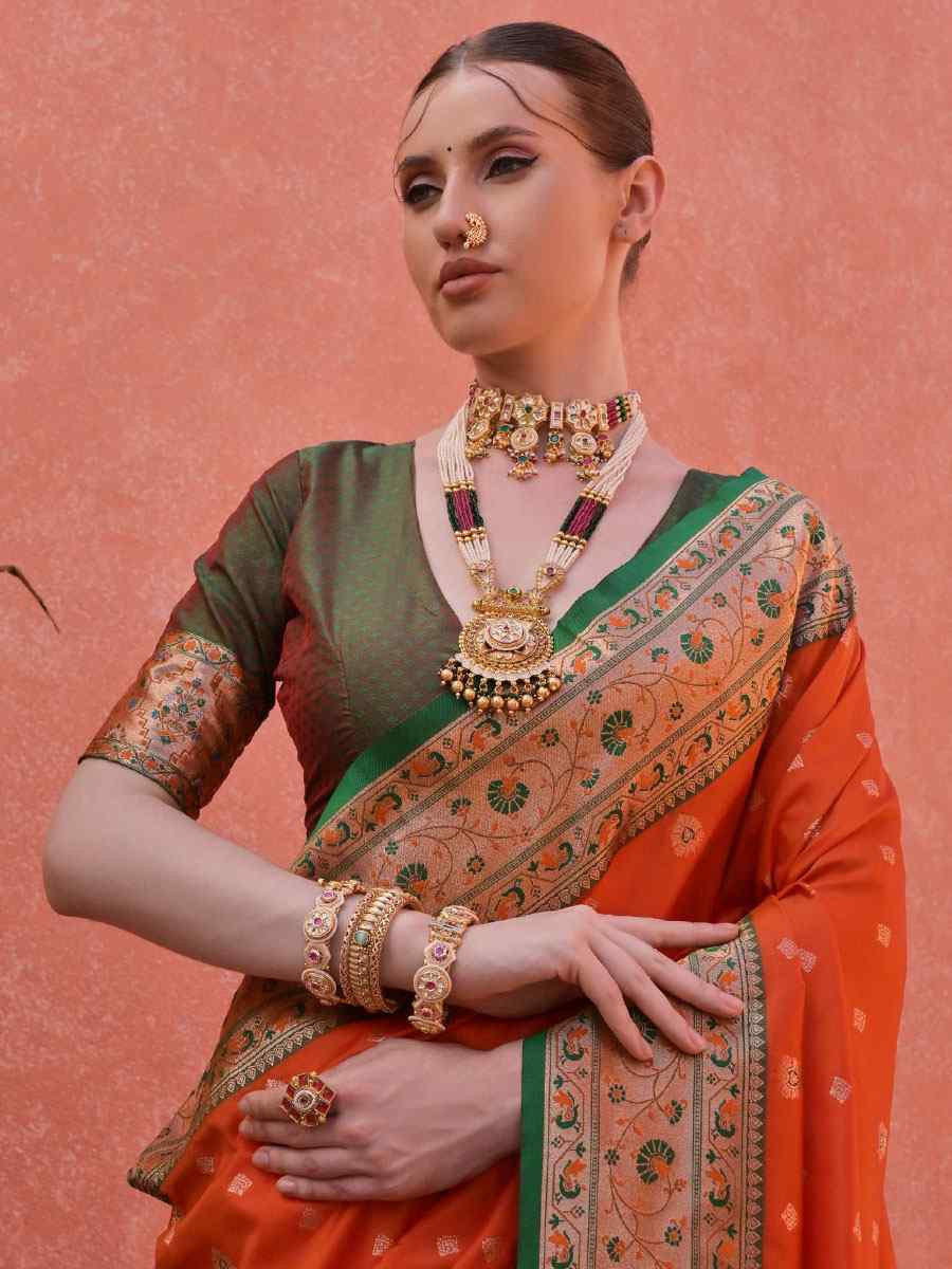 Orange Soft Banarasi Silk Handwoven Casual Reception Festival Wedding Fancy Heavy Border Saree