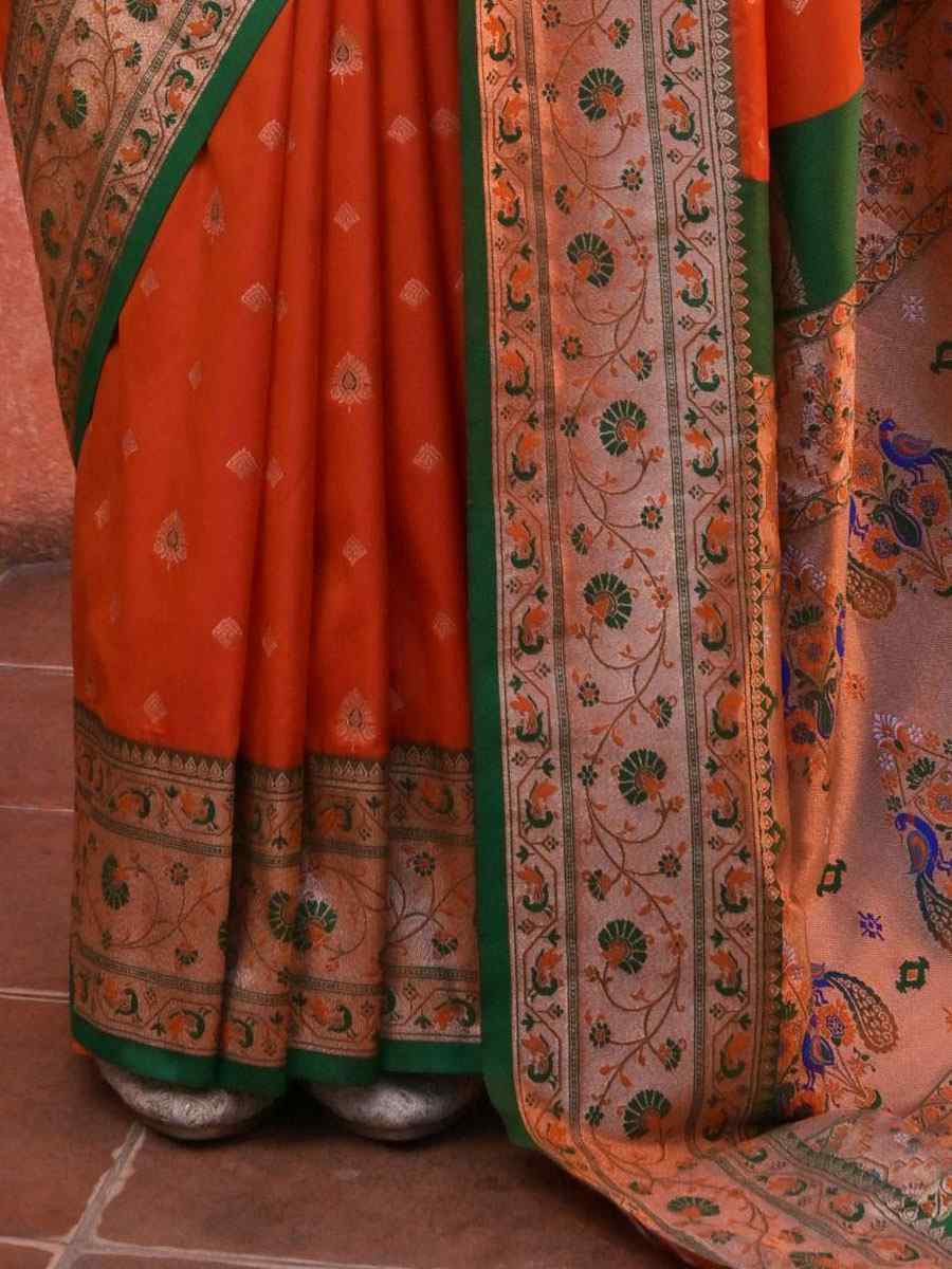 Orange Soft Banarasi Silk Handwoven Casual Reception Festival Wedding Fancy Heavy Border Saree