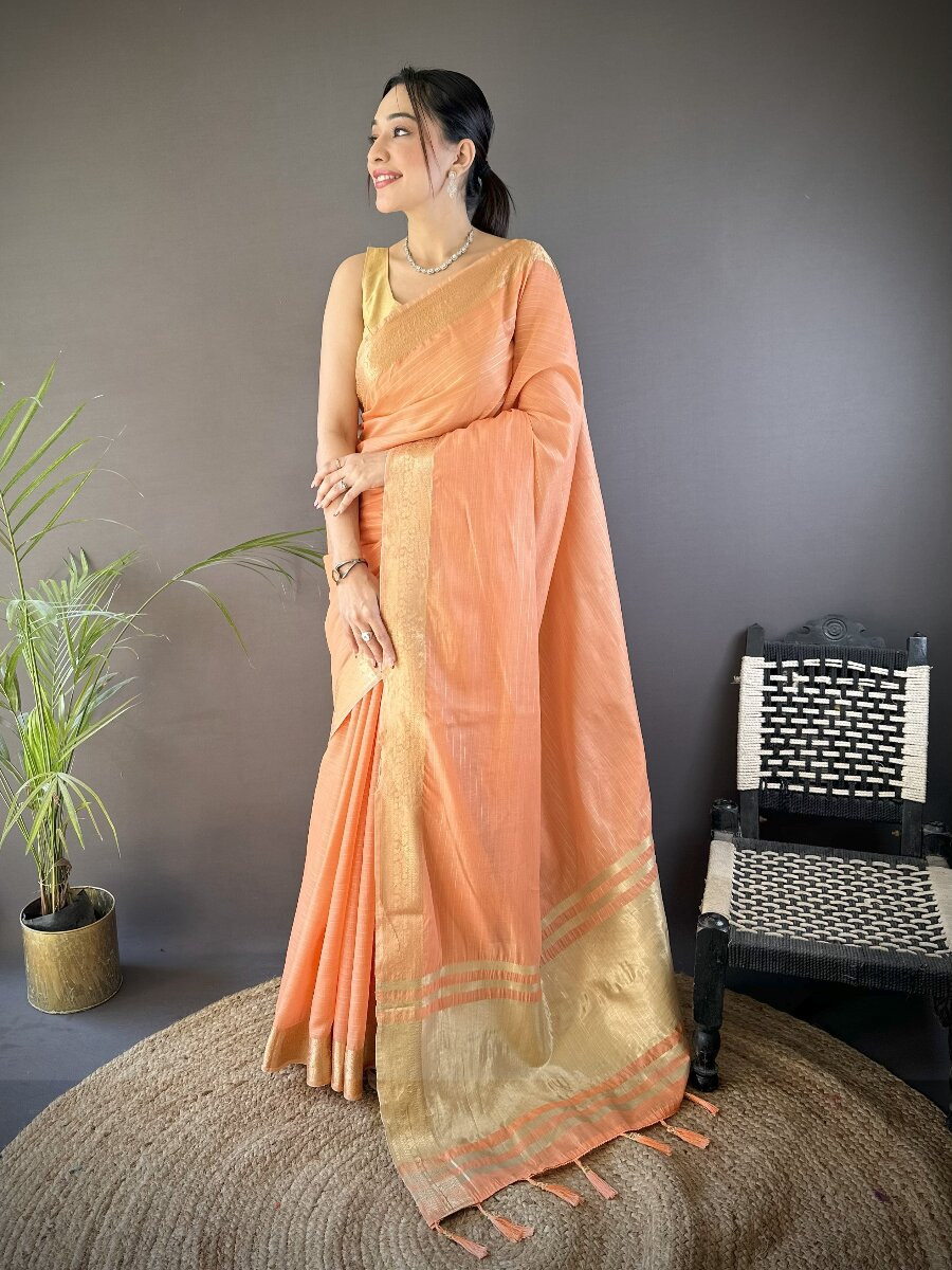Orange Soft Cotton Zari Wedding Reception Party Festival Heavy Border Sarees