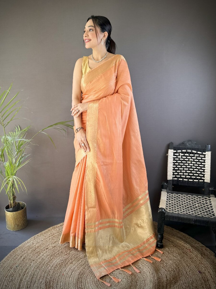 Image of Orange Soft Cotton Zari Wedding Reception Party Festival Heavy Border Sarees