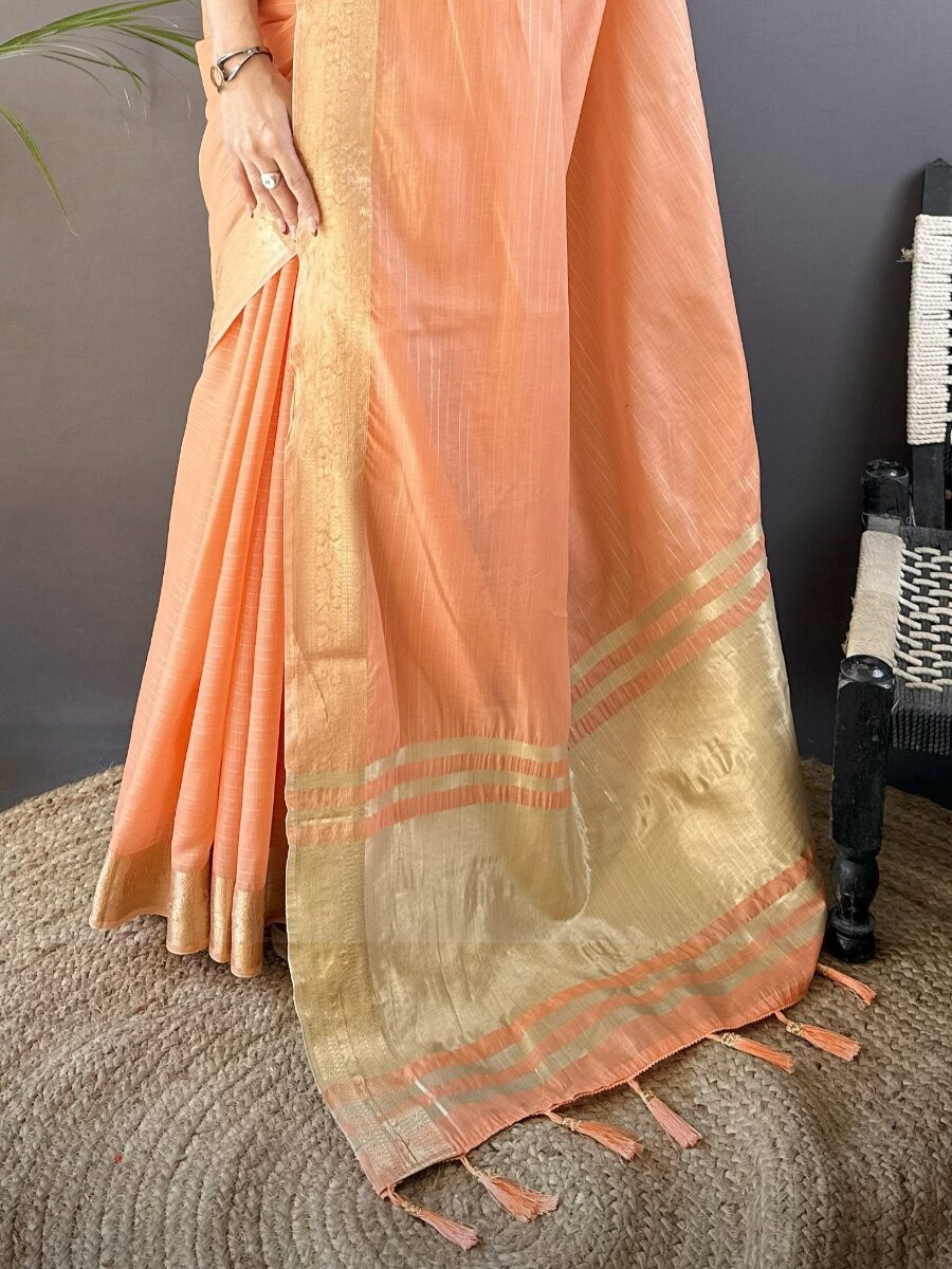 Orange Soft Cotton Zari Wedding Reception Party Festival Heavy Border Sarees