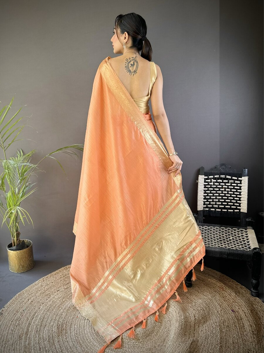 Orange Soft Cotton Zari Wedding Reception Party Festival Heavy Border Sarees