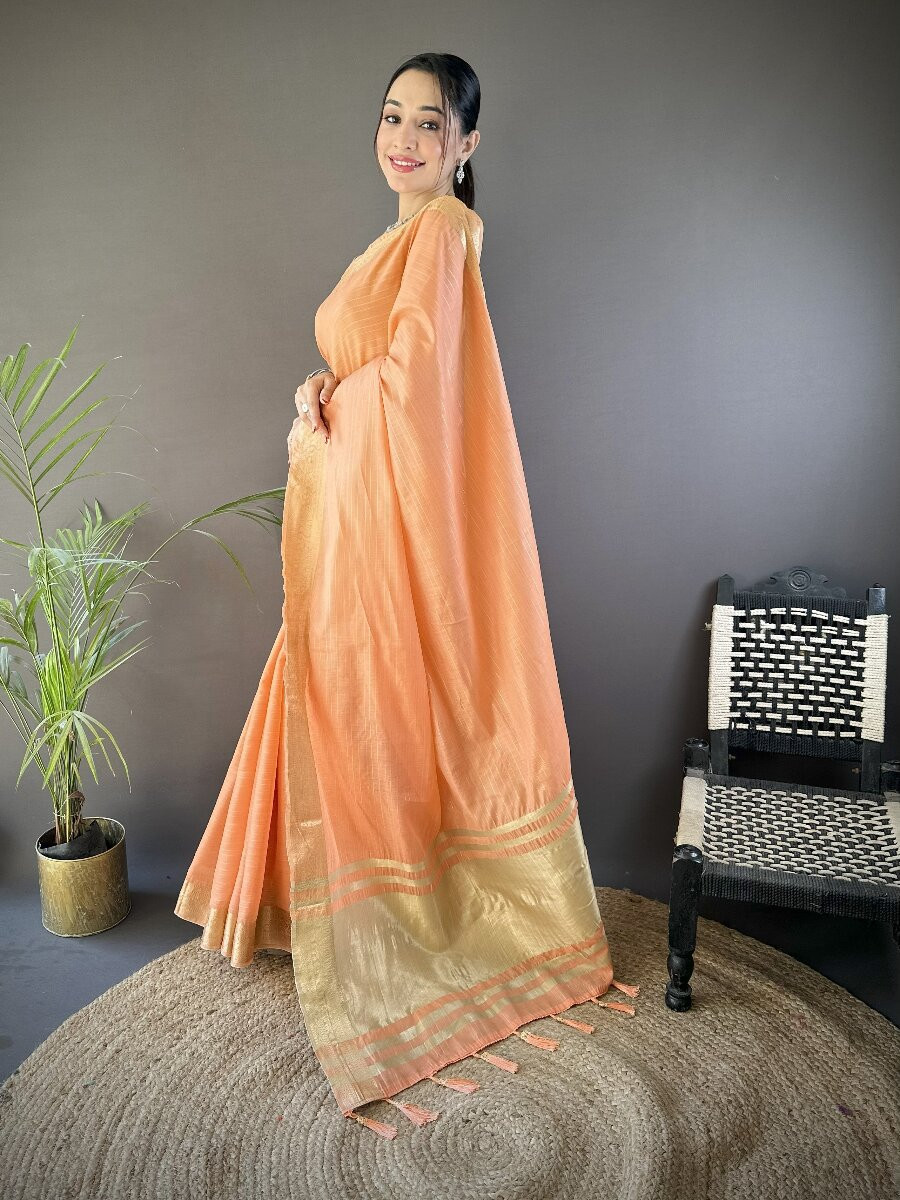 Orange Soft Cotton Zari Wedding Reception Party Festival Heavy Border Sarees