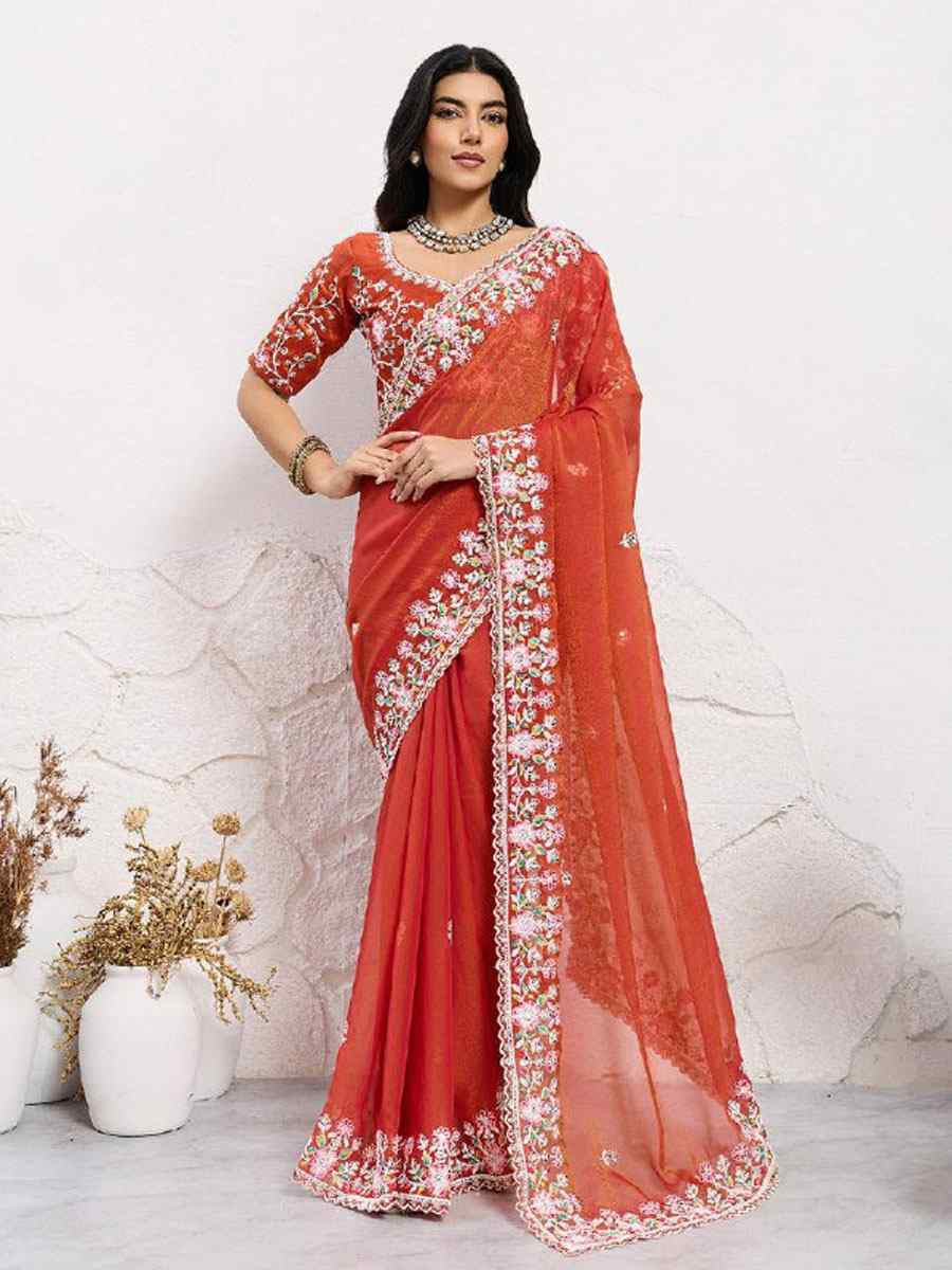 Orange Soft Moss Chiffon Embroidery Bridal Reception Festival Wedding Fancy Heavy Border Sarees