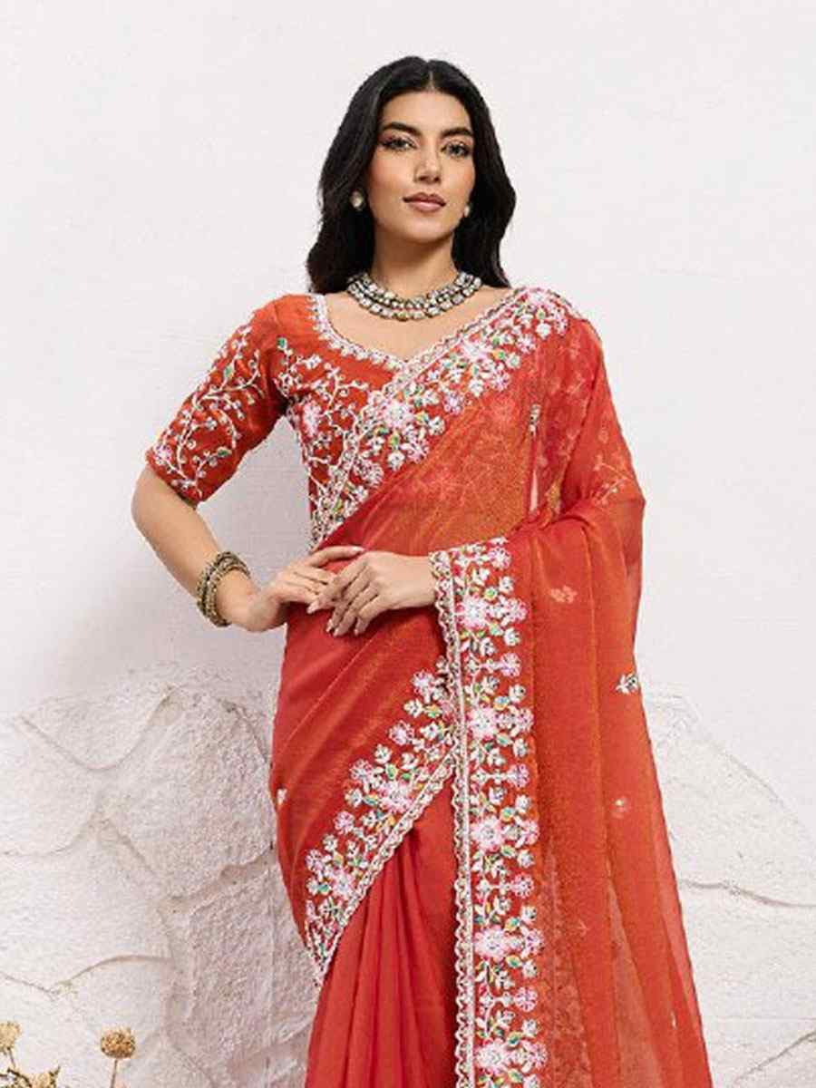 Orange Soft Moss Chiffon Embroidery Bridal Reception Festival Wedding Fancy Heavy Border Sarees