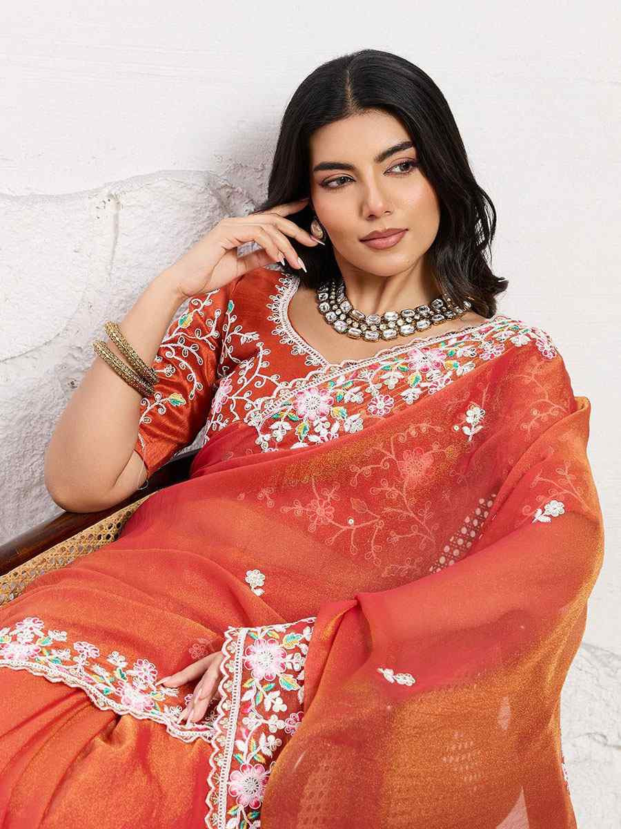 Orange Soft Moss Chiffon Embroidery Bridal Reception Festival Wedding Fancy Heavy Border Sarees
