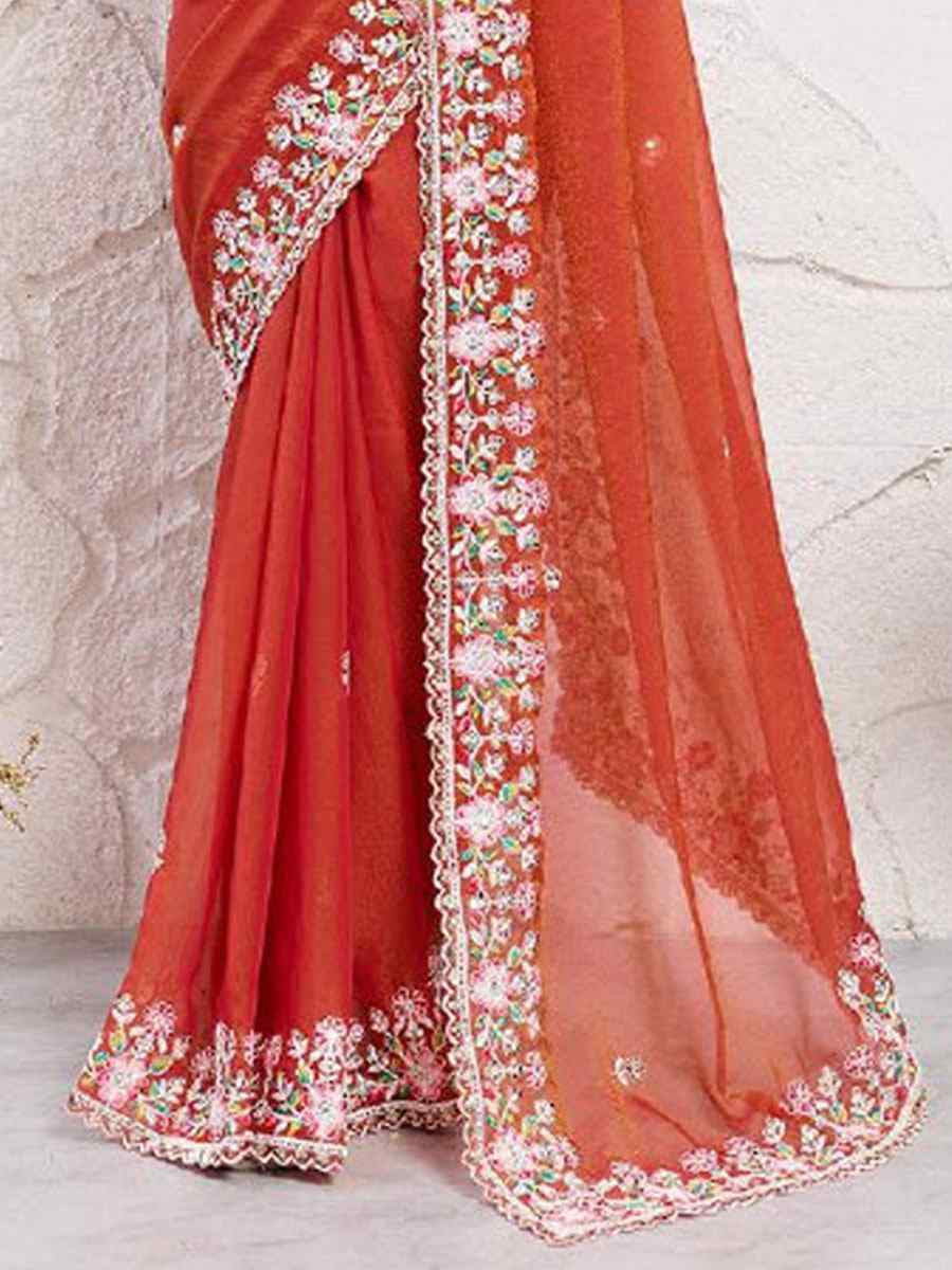 Orange Soft Moss Chiffon Embroidery Bridal Reception Festival Wedding Fancy Heavy Border Sarees