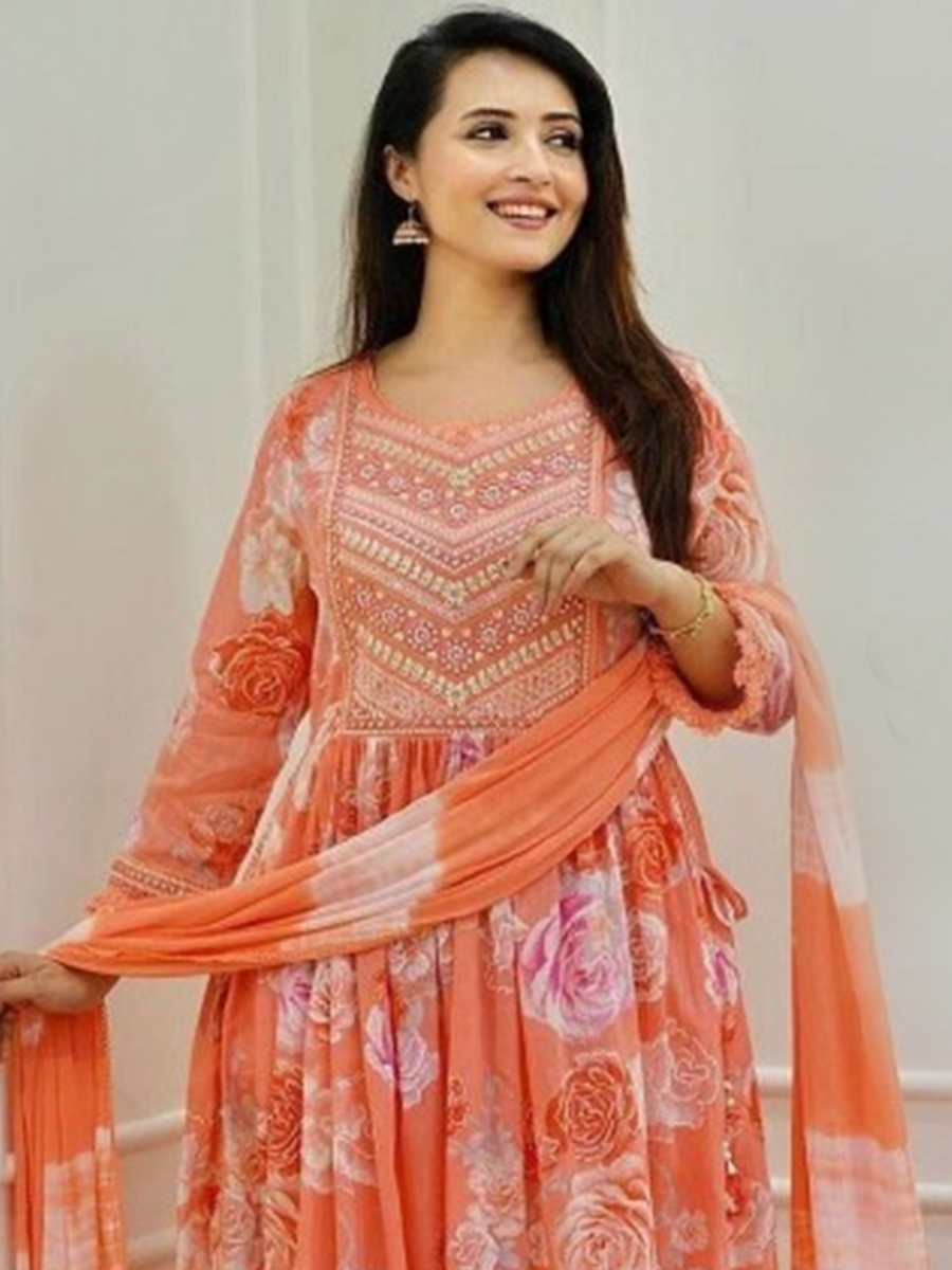Orange Soft Muslin Embroidered Festival Mehendi Ready Anarkali Salwar Kameez