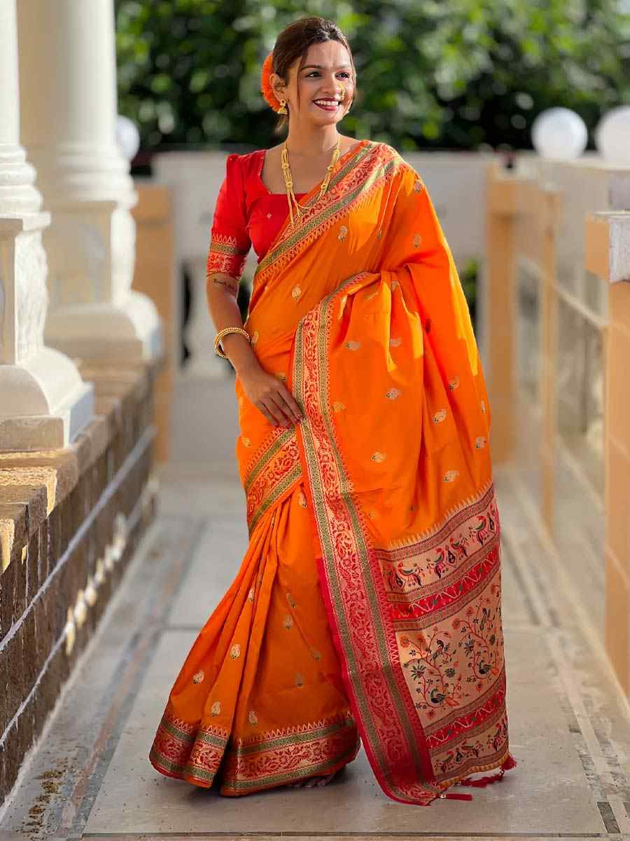 Orange Soft Pathani Silk Handwoven Festival Wedding Fancy Heavy Border Saree