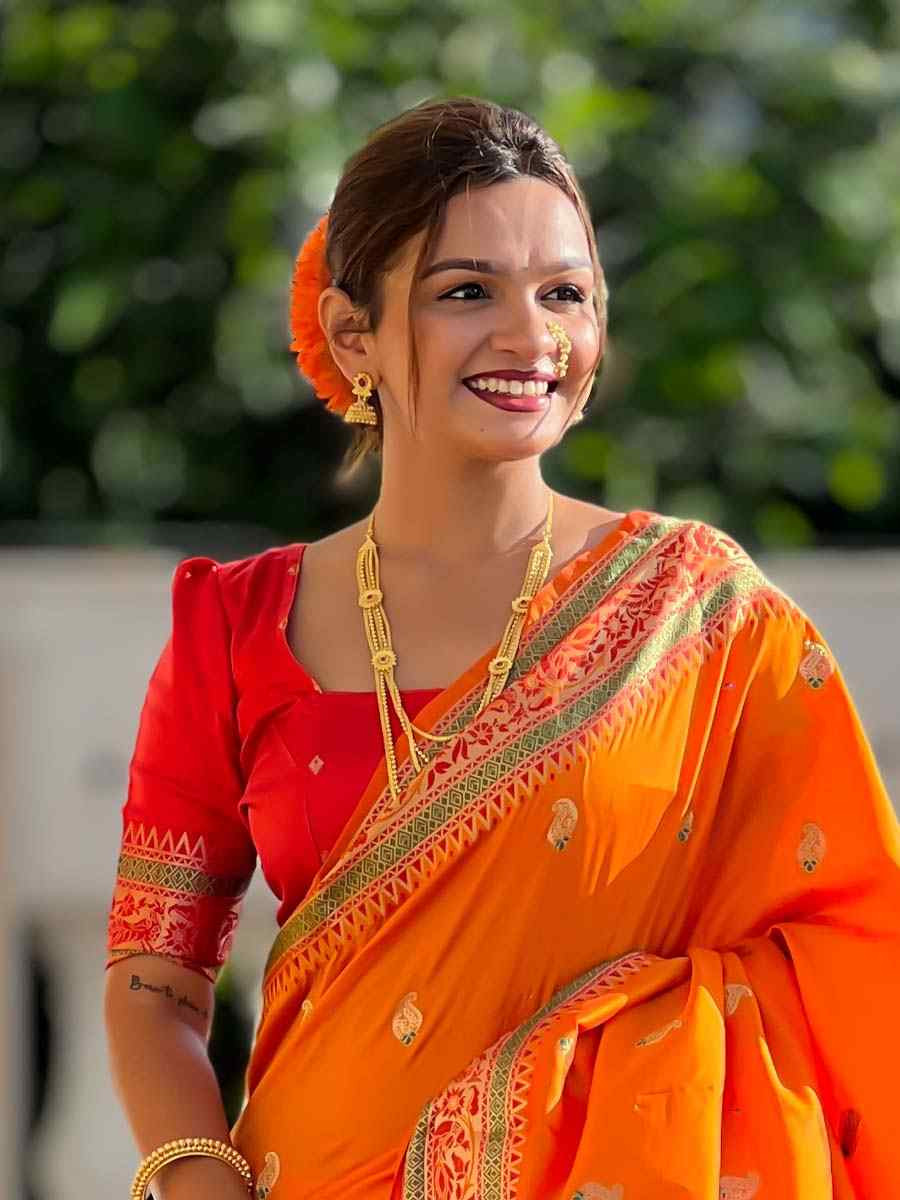 Orange Soft Pathani Silk Handwoven Festival Wedding Fancy Heavy Border Saree