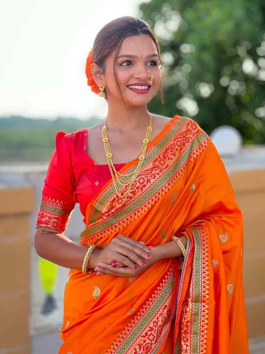 Orange Soft Pathani Silk Handwoven Festival Wedding Fancy Heavy Border Saree