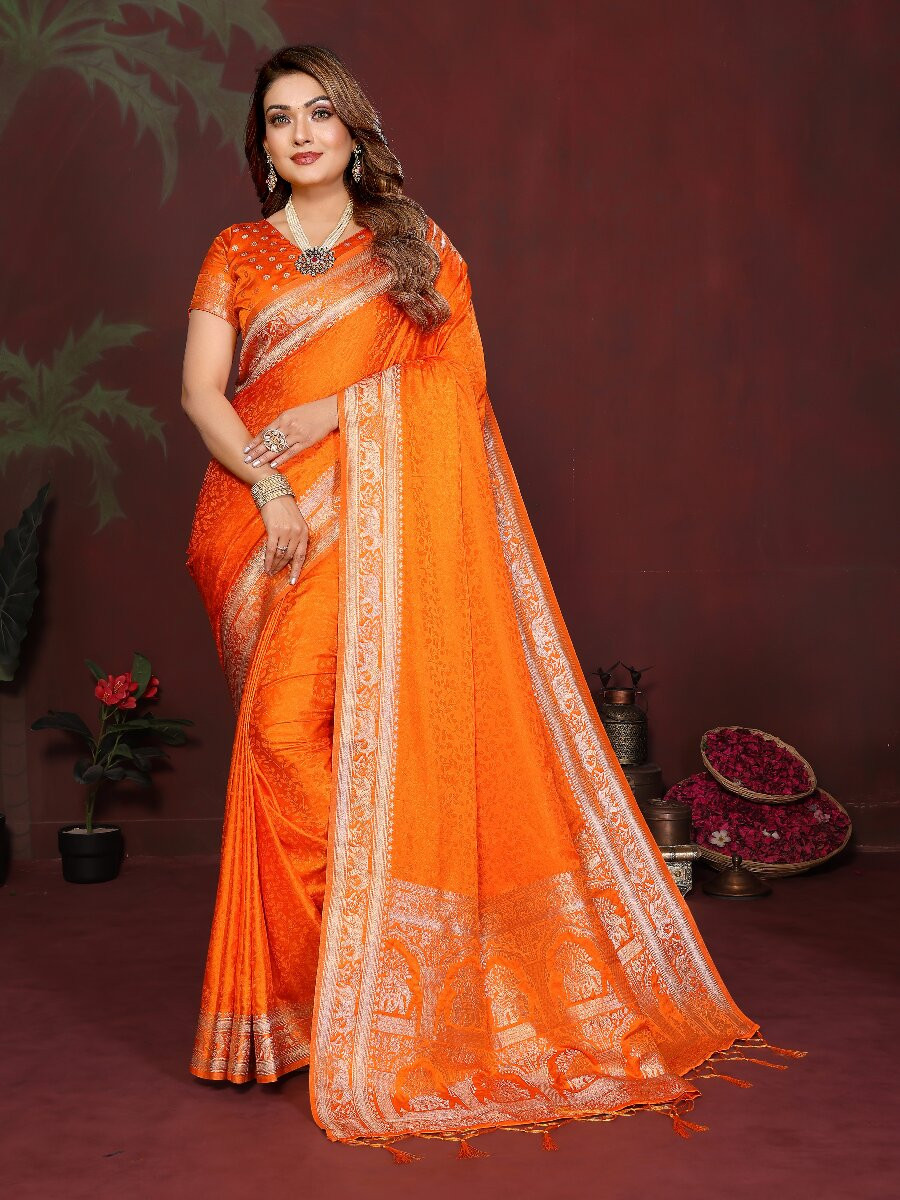 Orange Soft Satin Silk Zari Kanjivaram Wedding Reception Party Festival Heavy Border Sarees