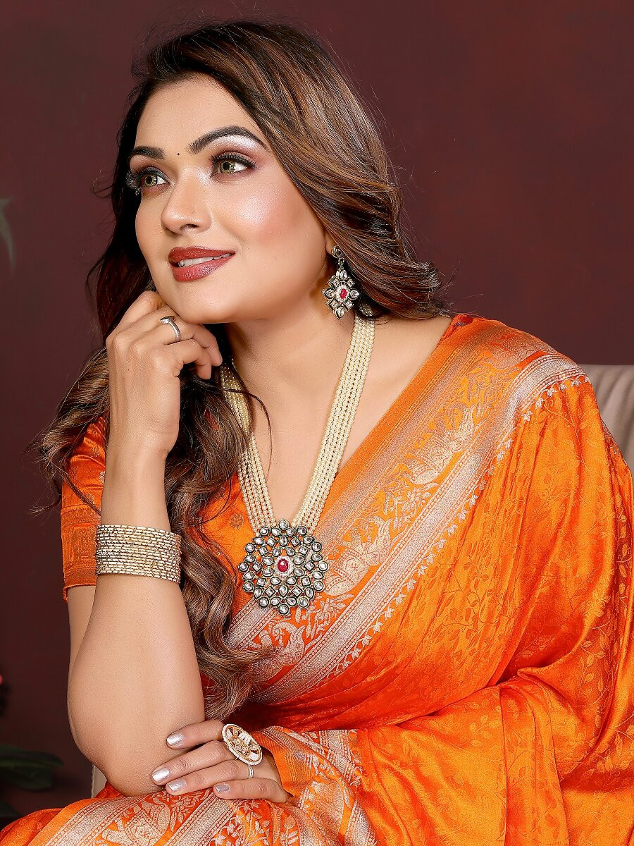 Orange Soft Satin Silk Zari Kanjivaram Wedding Reception Party Festival Heavy Border Sarees