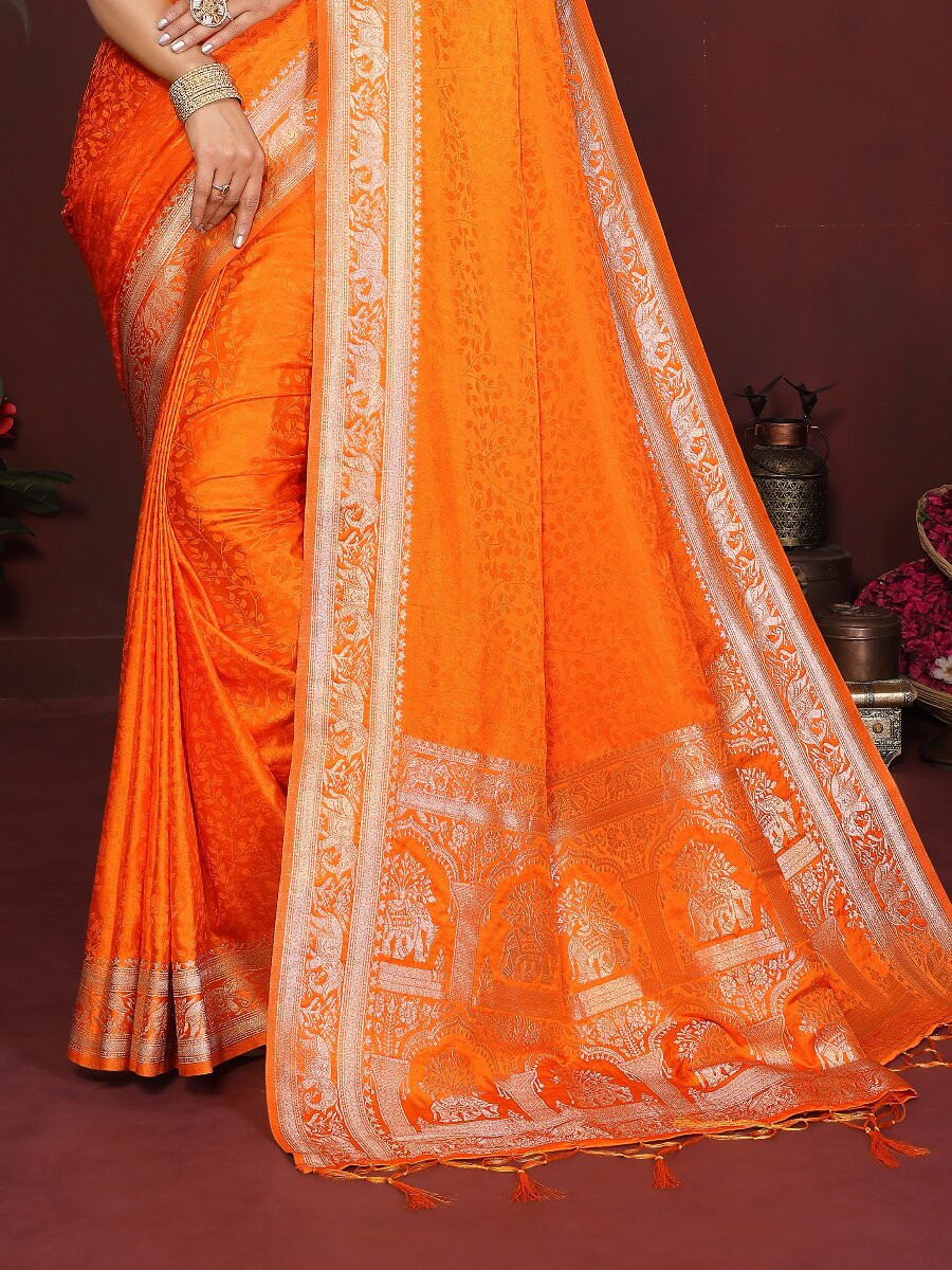 Orange Soft Satin Silk Zari Kanjivaram Wedding Reception Party Festival Heavy Border Sarees
