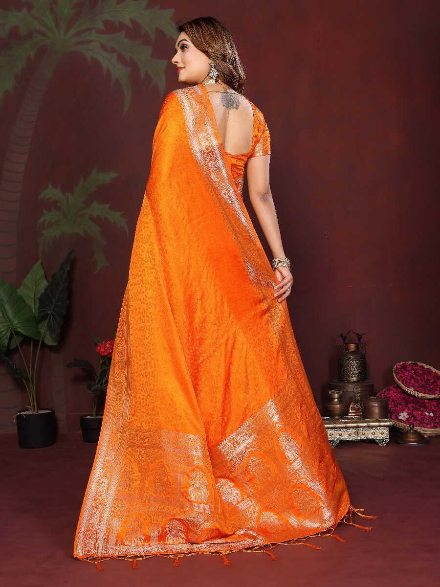 Orange Soft Satin Silk Zari Kanjivaram Wedding Reception Party Festival Heavy Border Sarees