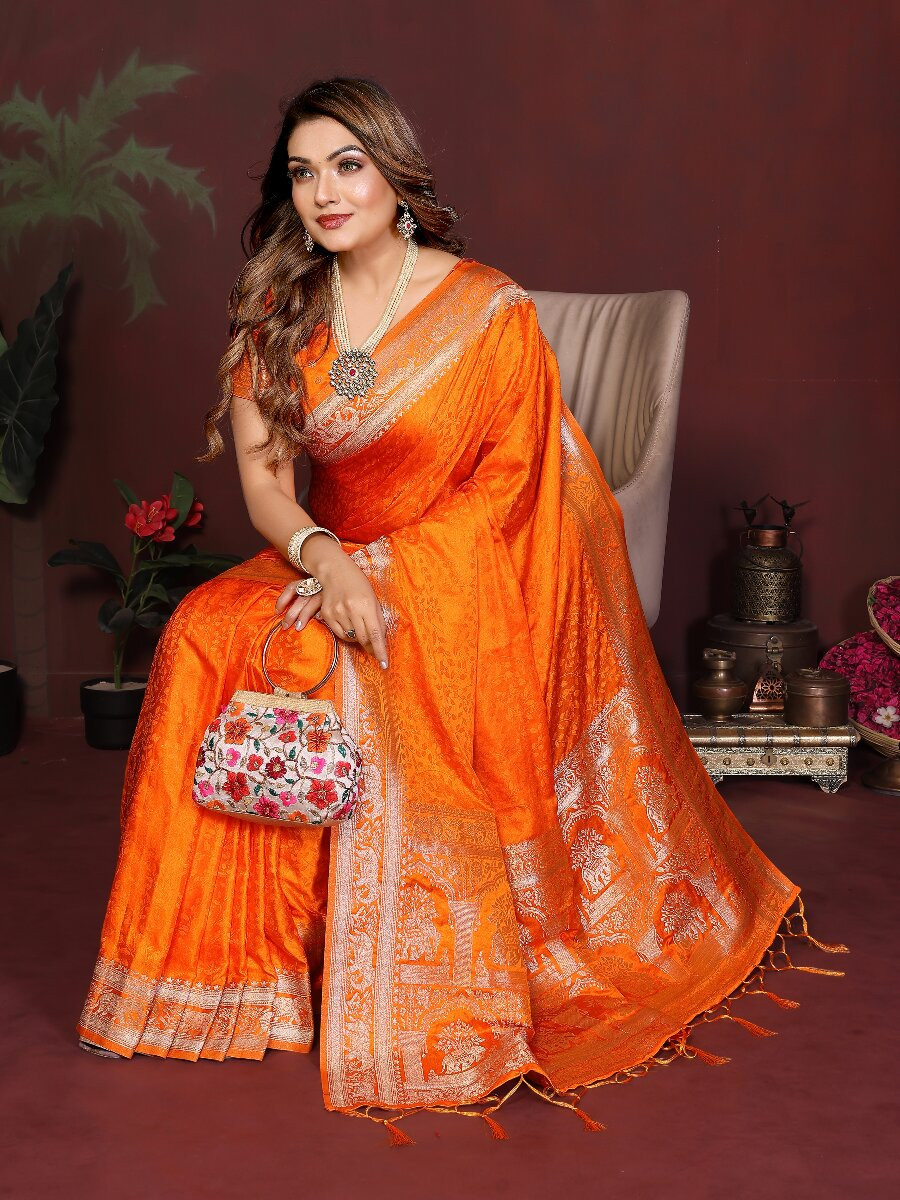 Orange Soft Satin Silk Zari Kanjivaram Wedding Reception Party Festival Heavy Border Sarees